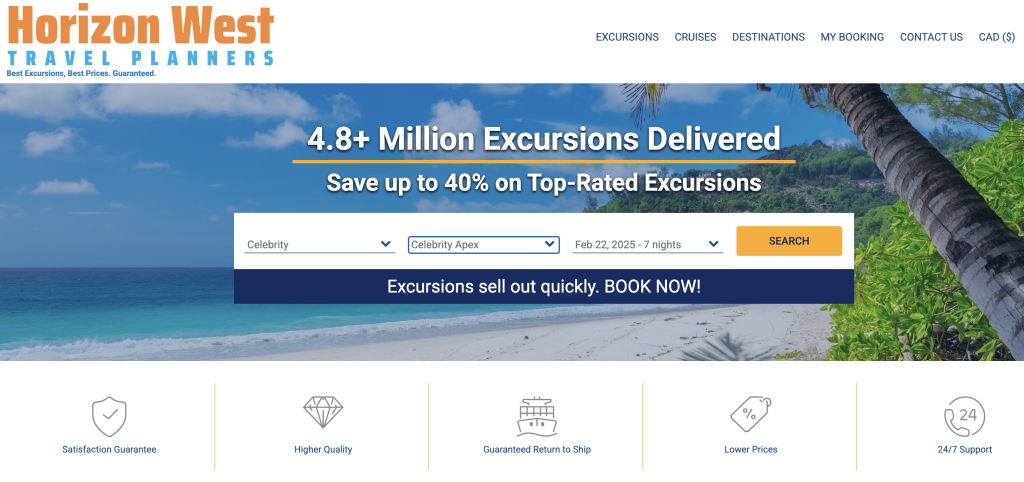 Screen Capture of Horizon West Travel Planners Excursion Booking Engine